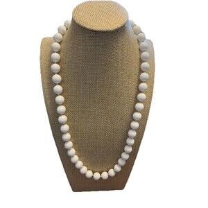 White Acrylic/Gold Tone Spacer Beaded Necklace 25” Vintage Mid Century Style